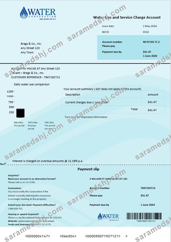 Australia Water Corporation WA business utility bill word and pdf. doc